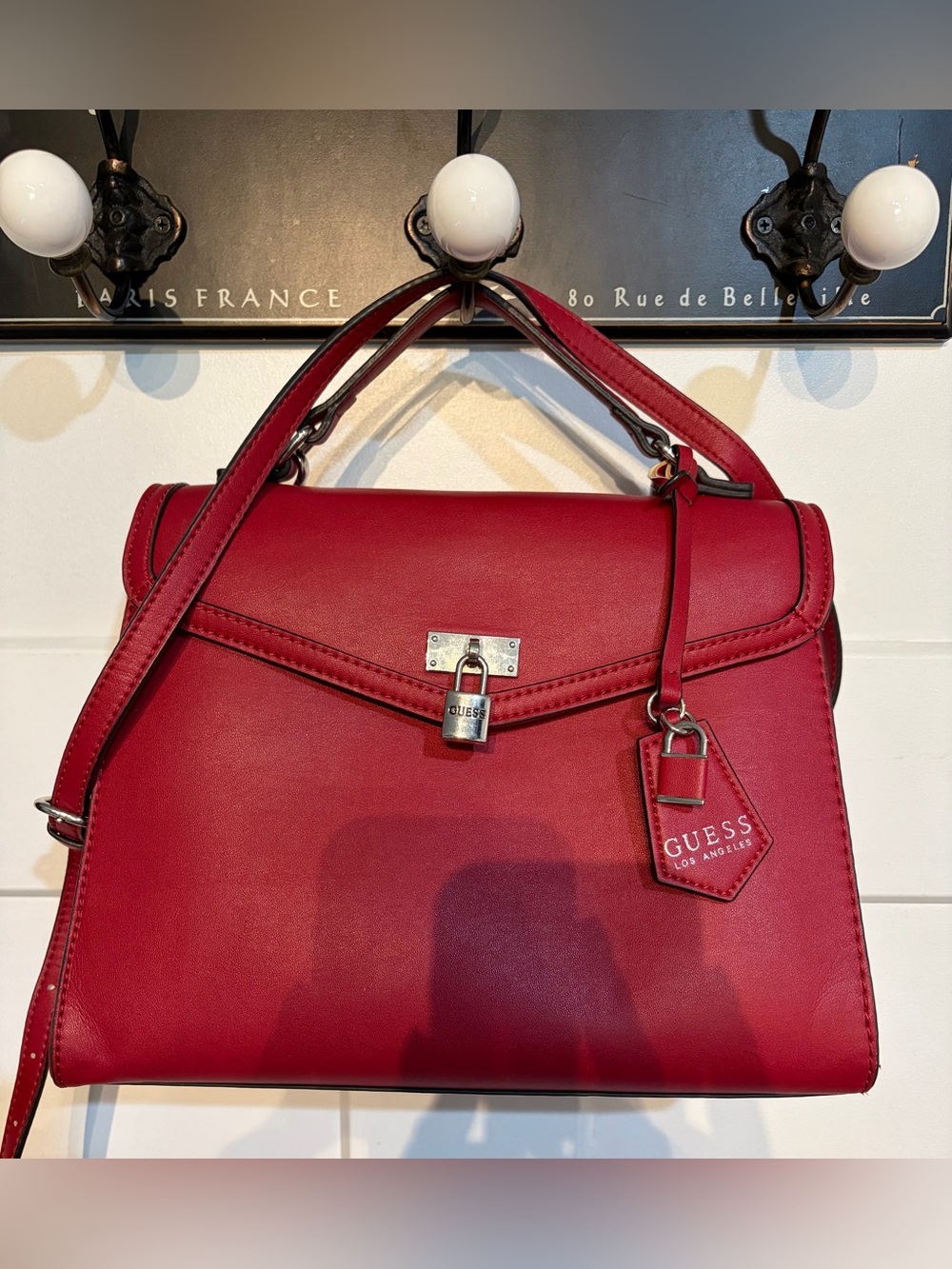 GUESS Red Top-Handle Satchel with Padlock Detail